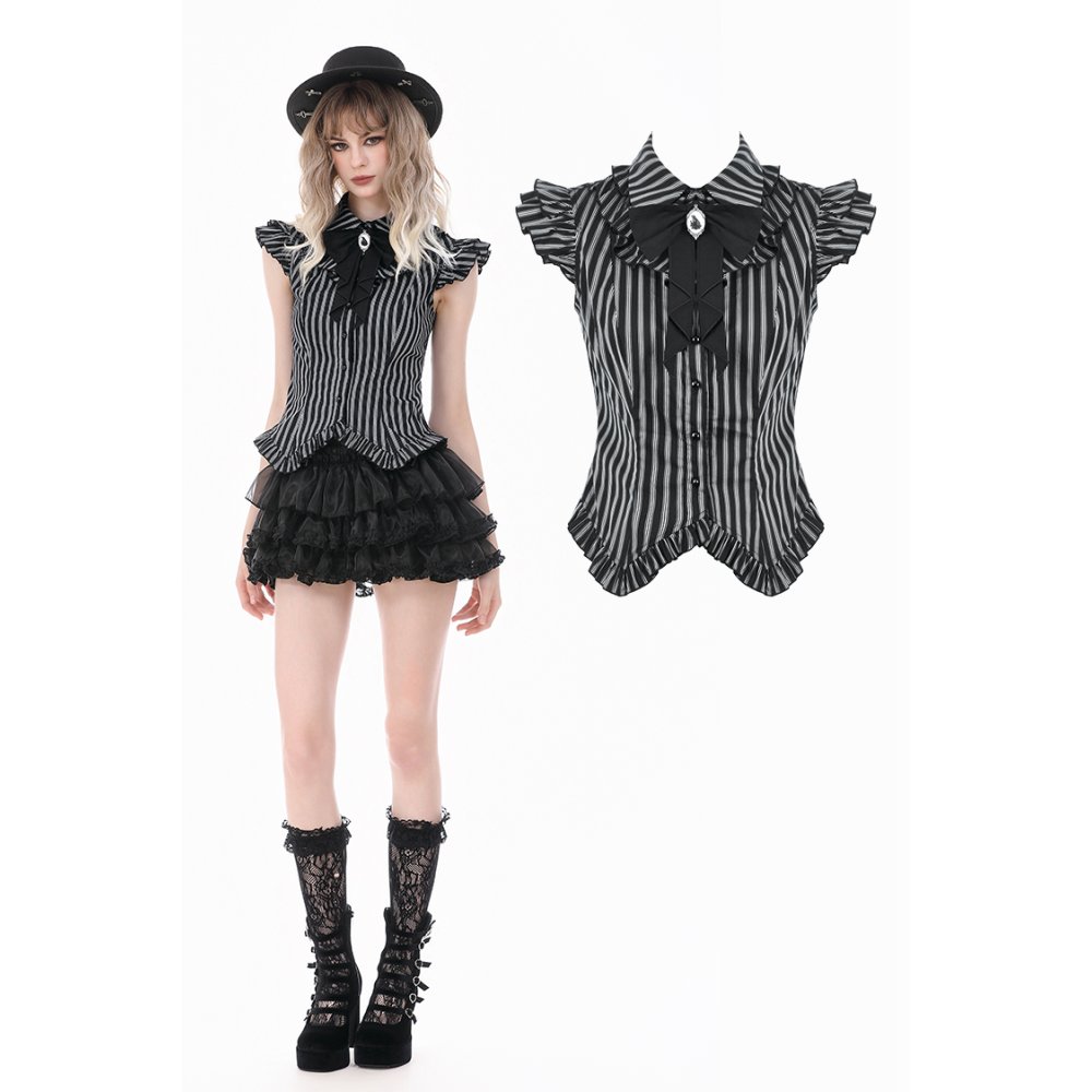 Dark in Love - Gothic Striped with Crow Emblem, Ruffled Wing Sleeves and Victorian Swallowtail Hem Blouse - Black/Grey